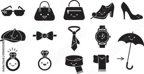 Black silhouette of various and animals including a bicycle helmet a hat a crown a bat a cat a clock a magnifying glass a key a trophy a hot air balloon a snail a mushroom a coffee cup a hammer a