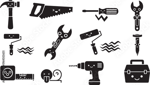 Black silhouette of various tools and including scissors wrench hammer screwdriver pliers tape measure and more