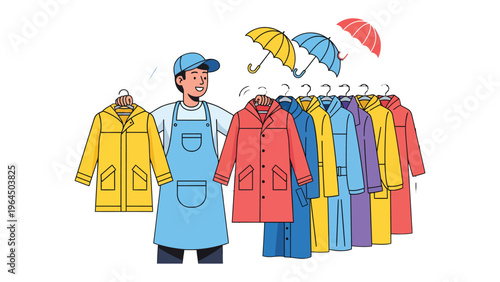 Raincoat Seller and Accessories: A friendly salesperson presents a vibrant array of raincoats, with colorful umbrellas hovering above. Evoking feelings of readiness for weather elements.