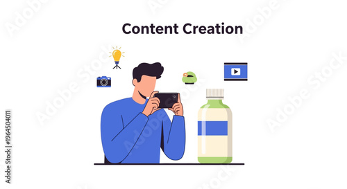 Digital Content Creation for Social Media Marketing: Man Using Smartphone for Photography and Video Production - Flat Vector Illustration