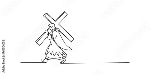 A single continuous line drawing of jesus christ carrying a heavy wooden cross on his shoulder. Vector, illustration