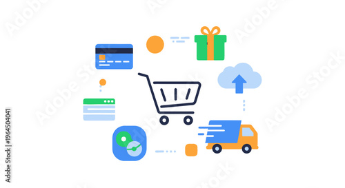 E-commerce Online Shopping & Delivery Process Infographic with Payment, Cloud Data, and Logistics