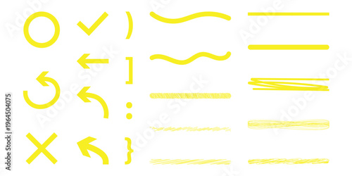 Marker highlighters, doodles, notes, underlines in universal graphic collection. School board, children's doodles and scribble in hand drawn style. Vector graphic set - highlighters and notes