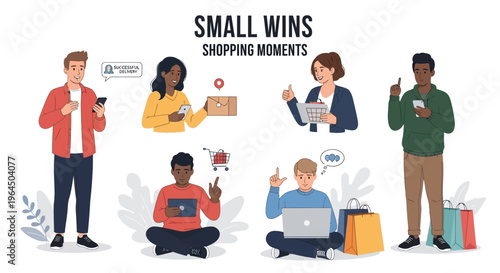 Small Wins Shopping Moments: Diverse People Enjoying Online Commerce, Digital Shopping & Delivery Experiences