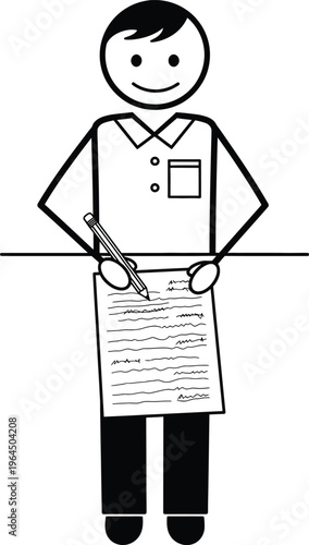 Stick figure clerk writes information on a document while standing near a desk.