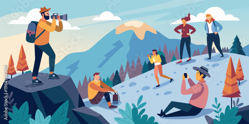 Man photographing his friends on mountain top