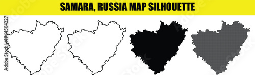 Samara, russia map silhouette with different styles: solid white, outline, solid black, and halftone dotted versions.