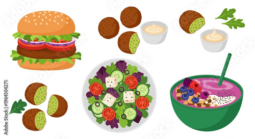 A vibrant illustration of a burger, salad, and fruit bowl with falafel and dips on a white background.