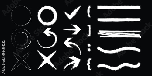 Hand drawn white marker strokes and highlight shapes set on black background. Vector collection of scribble underlines, circles, frames, and correction marks for text emphasis.