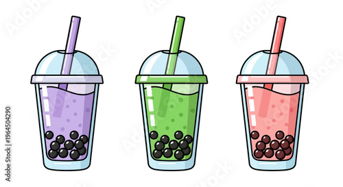 Colorful bubble tea drinks with straws and boba in cups on table