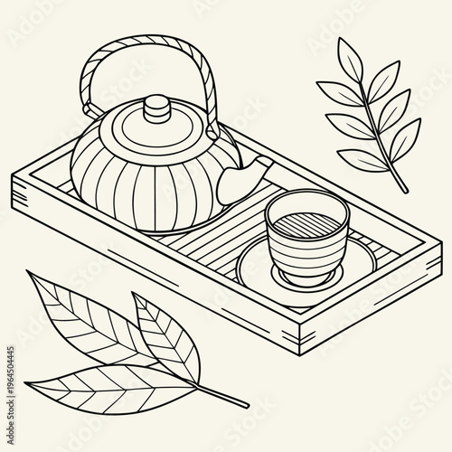 Japanese tea ceremony set with teapot and tray line art illustration