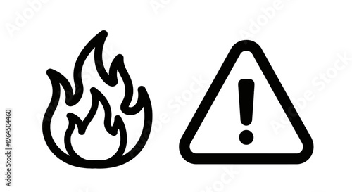 Fire and warning icons: flame symbol and exclamation mark triangle for danger, hazard, and safety alerts, danger sign, line art, black and white