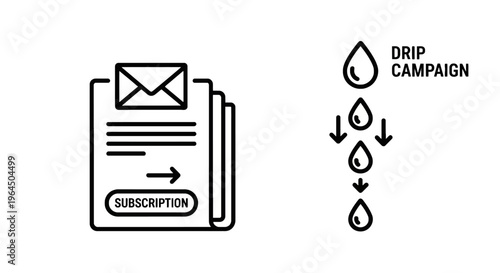Email marketing drip campaign icon set illustrating subscriber funnel and automated message sequences for digital business automation and communication strat