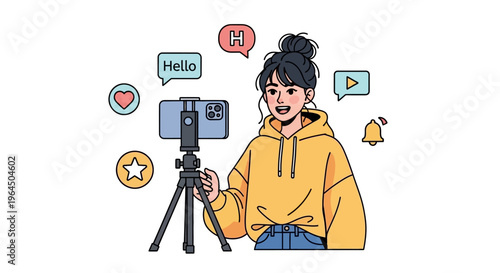 A woman records a video on her smartphone for social media using a tripod.