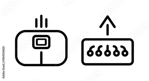Electronic device and data upload icon set, minimalist black outline symbols representing smart home or security sensors, flat vector illustration