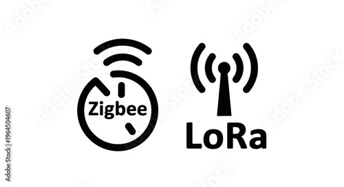 Zigbee and lora wireless communication technology logos, iot network connectivity symbols, black line art icons on a clean white background