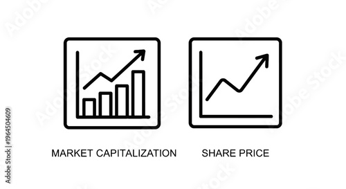 Market capitalization and share price graphs with upward trends, financial business analysis icons, black line art on white background