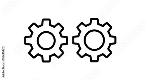 Two mechanical interlocking gears, industrial machinery and teamwork concept, black silhouette outline icons on a plain white background