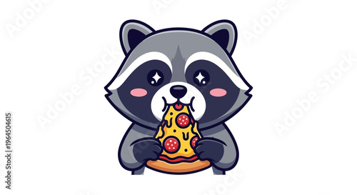 Cute raccoon character happily eating a slice of pepperoni pizza indoors.
