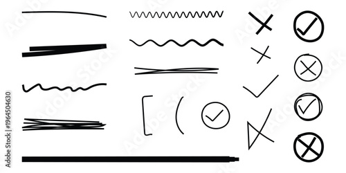 Highlighter underline line doodle set with various hand drawn strokes, flowing curves, curled, abstract waves, freehand contours and decorative design elements