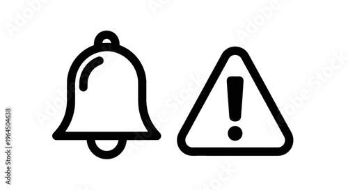 Line art icons of a notification bell and a hazard warning triangle for alerts and safety concepts on a white background