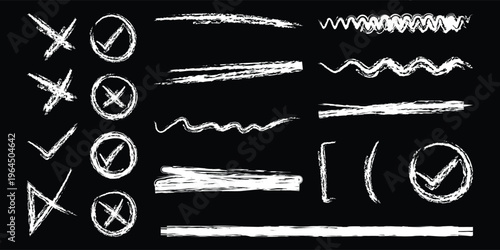 Hand drawn white marker strokes and highlight shapes set on black background. Vector collection of scribble underlines, circles, frames, and correction marks for text emphasis.