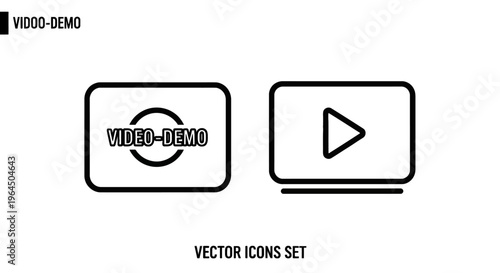 Set of player interface icons with play button and demo marker for modern multimedia web design, simple black line style isolated on white background