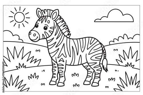 A charming black and white illustration of a zebra in a grassy landscape