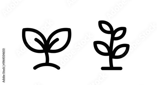 Two minimal line art icons of small growing seedlings or plant sprouts for environmental and gardening concepts on a clean white background