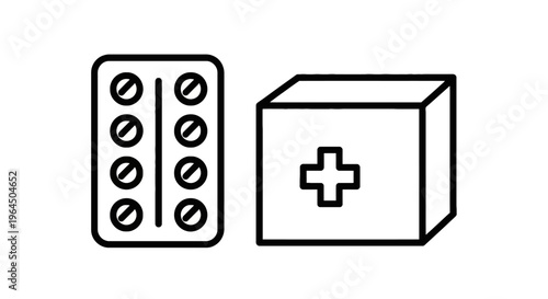 Simple vector icons of a medical pill blister pack and a first aid kit box for healthcare and pharmacy concepts on a white background