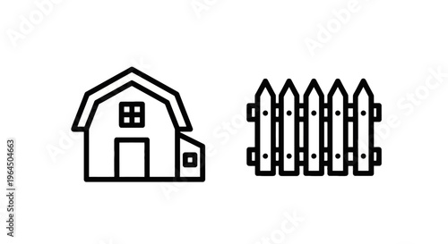 Farm house and wooden fence icons, country or rural life symbols rendered in clean black line art style for agricultural or property design projects