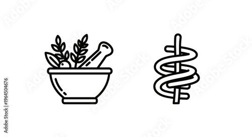 Apothecary mortar with pestle and caduceus medical symbol, classic healthcare and herbal medicine icons for clinic, pharmacy, or holistic treatment design