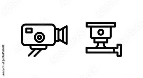 Camera and security surveillance camera icons, line art vector illustration of recording equipment for home and professional monitoring systems, video camera