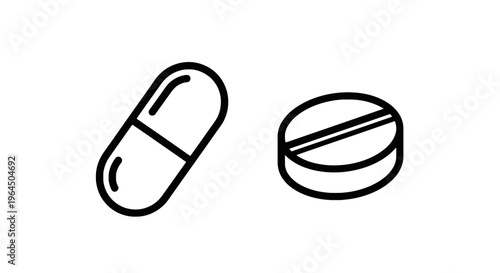 Medicine capsule and round tablet pill icons, pharmaceutical and healthcare design elements for medical treatment and pharmacy medication