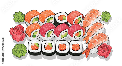 A vibrant illustration of assorted sushi rolls and sashimi arranged with roses on a white background.