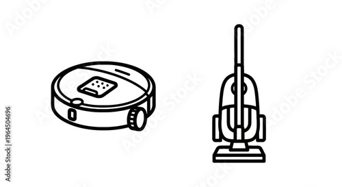 Robot vacuum cleaner and upright vacuum cleaner icons, household cleaning appliance line art symbols for smart home technology and housekeeping