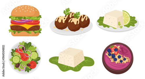 Variety of food items including burger salad cheese and desserts on plates and bowls.
