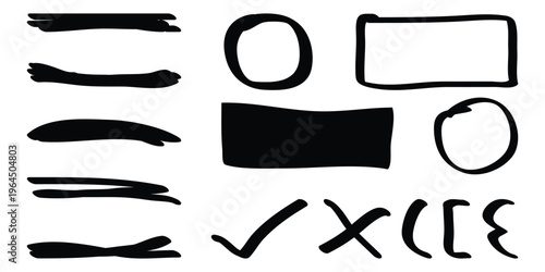 Highlighter underline line doodle set with various hand drawn strokes, flowing curves, curled, abstract waves, freehand contours and decorative design elements