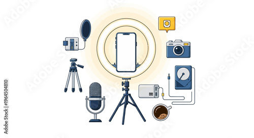 A smartphone on a ring light with various recording equipment around it on a tripod indoors.