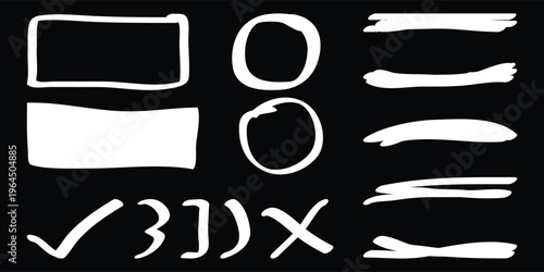 Hand drawn white marker strokes and highlight shapes set on black background. Vector collection of scribble underlines, circles, frames, and correction marks for text emphasis.