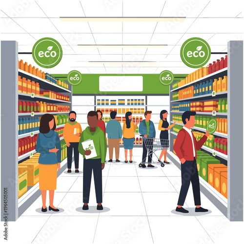 People Shopping Eco Products in Grocery Store Aisles
