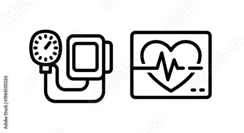 Blood pressure monitor and heart rate monitor thin line icons for health care diagnostics and medical analysis