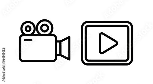 Camera and media player interface thin line icons for cinematography, film production, and digital content playback