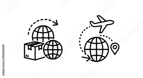 Global shipping and air cargo logistics linear icons with globe box airplane and map marker symbols for delivery services and international transport concept
