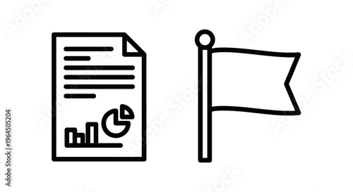 Business report document and flag linear icons for corporate analysis and project milestone symbols in minimalist black outline graphic design style