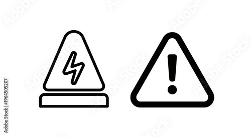 Electrical hazard and attention warning linear icons for high voltage safety and caution alert symbols in black outline style for industrial information