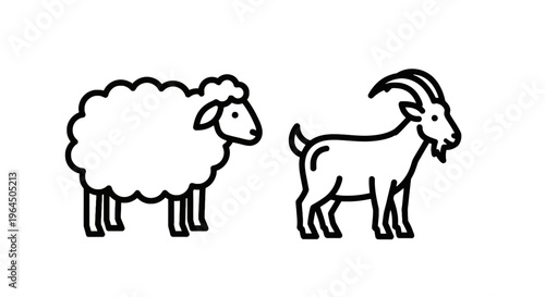 Sheep and goat line art icons, minimalist farm animal silhouettes, black and white vector illustration for agriculture, livestock, and rural design concepts