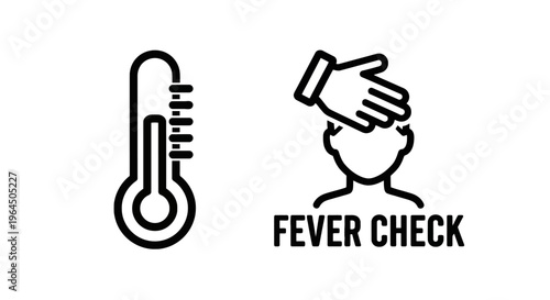 Fever check medical line icons, thermometer and person with hand on forehead, healthcare diagnostics, body temperature measurement, virus symptom warning