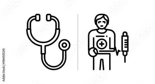 Stethoscope and ill patient with syringe outline icons for medical care healthcare concept