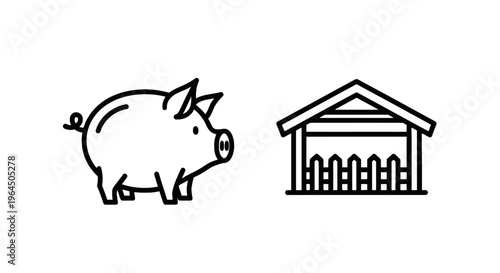 Simple line art icons showing a farm pig and a barn structure representing agriculture, livestock farming, and rural animal husbandry management, barn icon